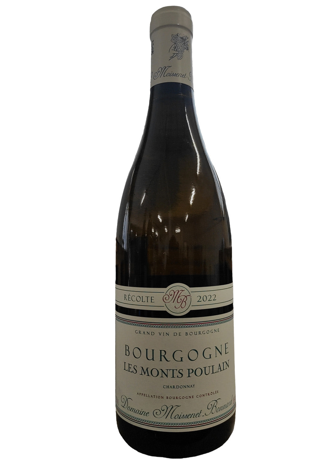 Bottiglia in vetro di vino Bourgogne Blanc_Les Monts Poulain cantina Moissenet Bonnard
