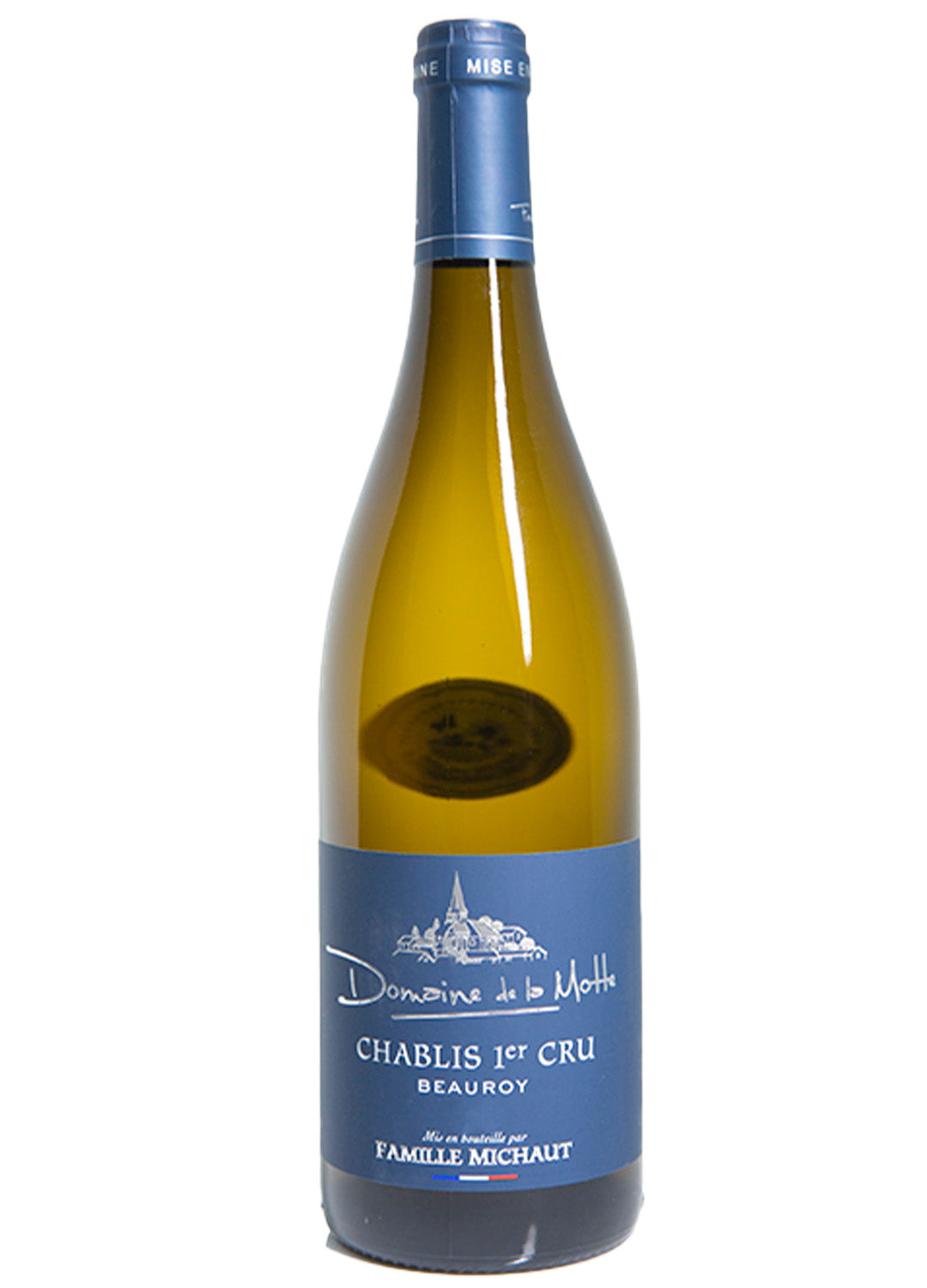Bottiglia in vetro di vino bianco Chablis Premier Cru Beauroy cantina de la motte