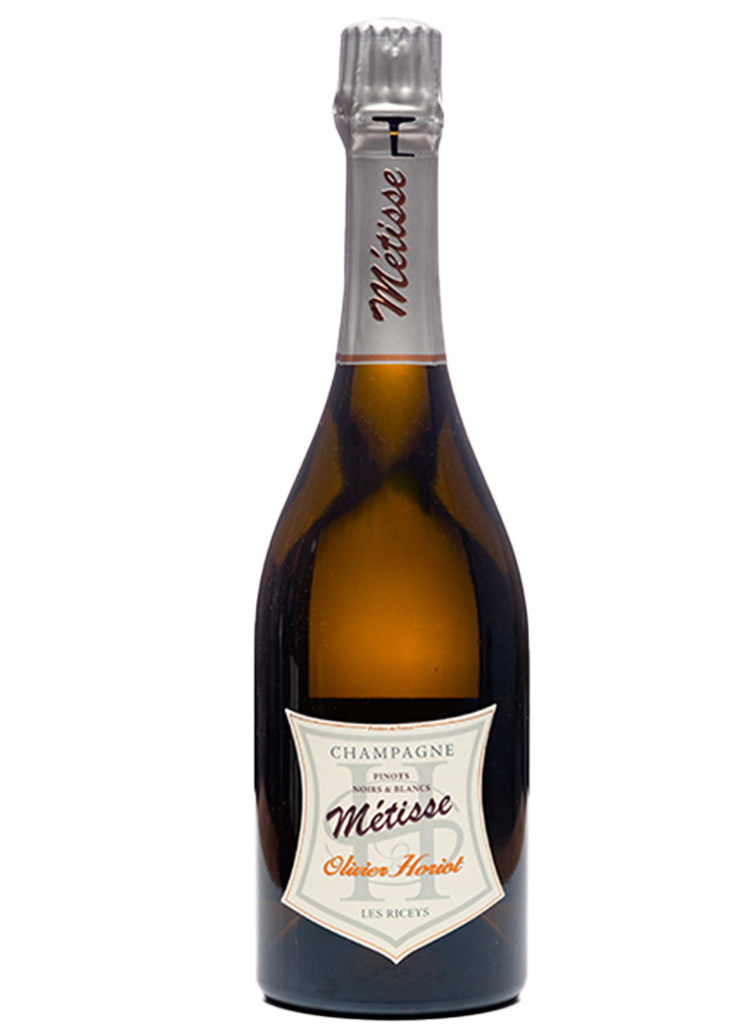 Bottiglia in vetro di champagne Cuvee_Metisse_Noirs_Blancs Brut Pas Dose_Bio cantina Olivier Horiot