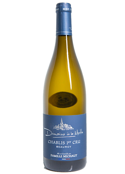 Bottiglia in vetro di vino bianco Chablis Premier Cru Beauroy cantina de la motte