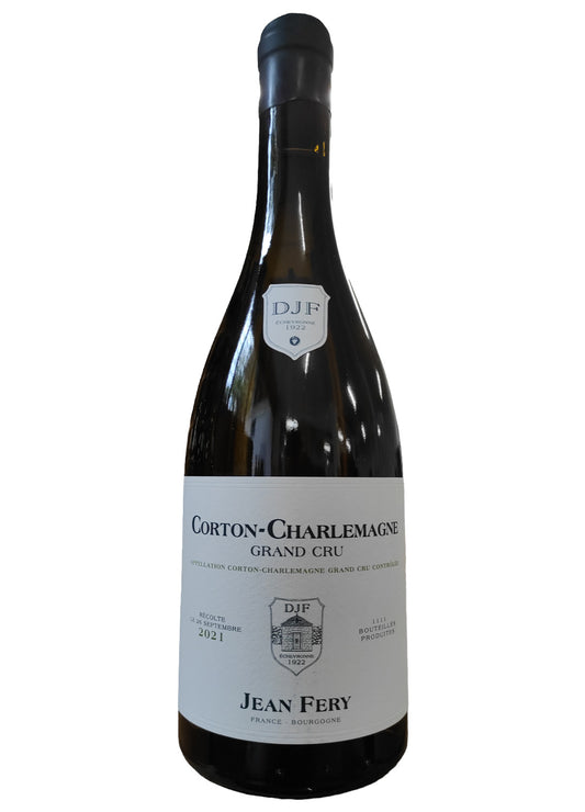 Bottiglia di vino bianco in vetro Corton Charlemagne Blanc Grand Cru cantina Jean fery
