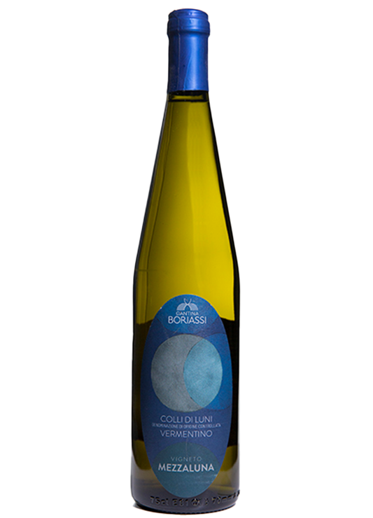 bottiglia di vino bianco colli di luni mezzaluna cantina boriassi